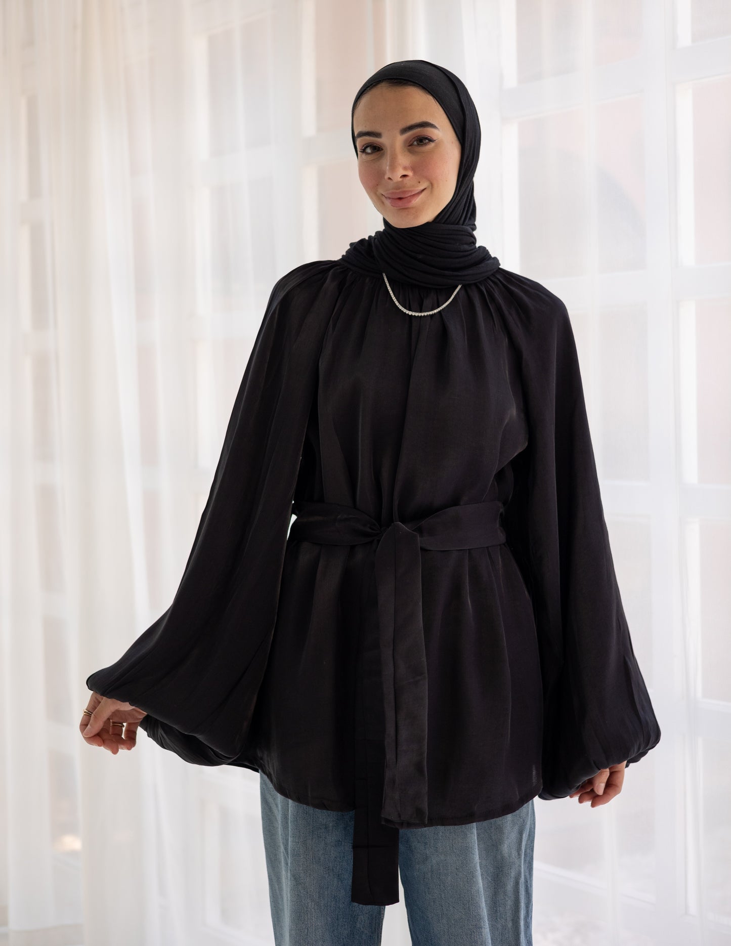 Black Modest Tunic Top with Belt and Wide Sleeves