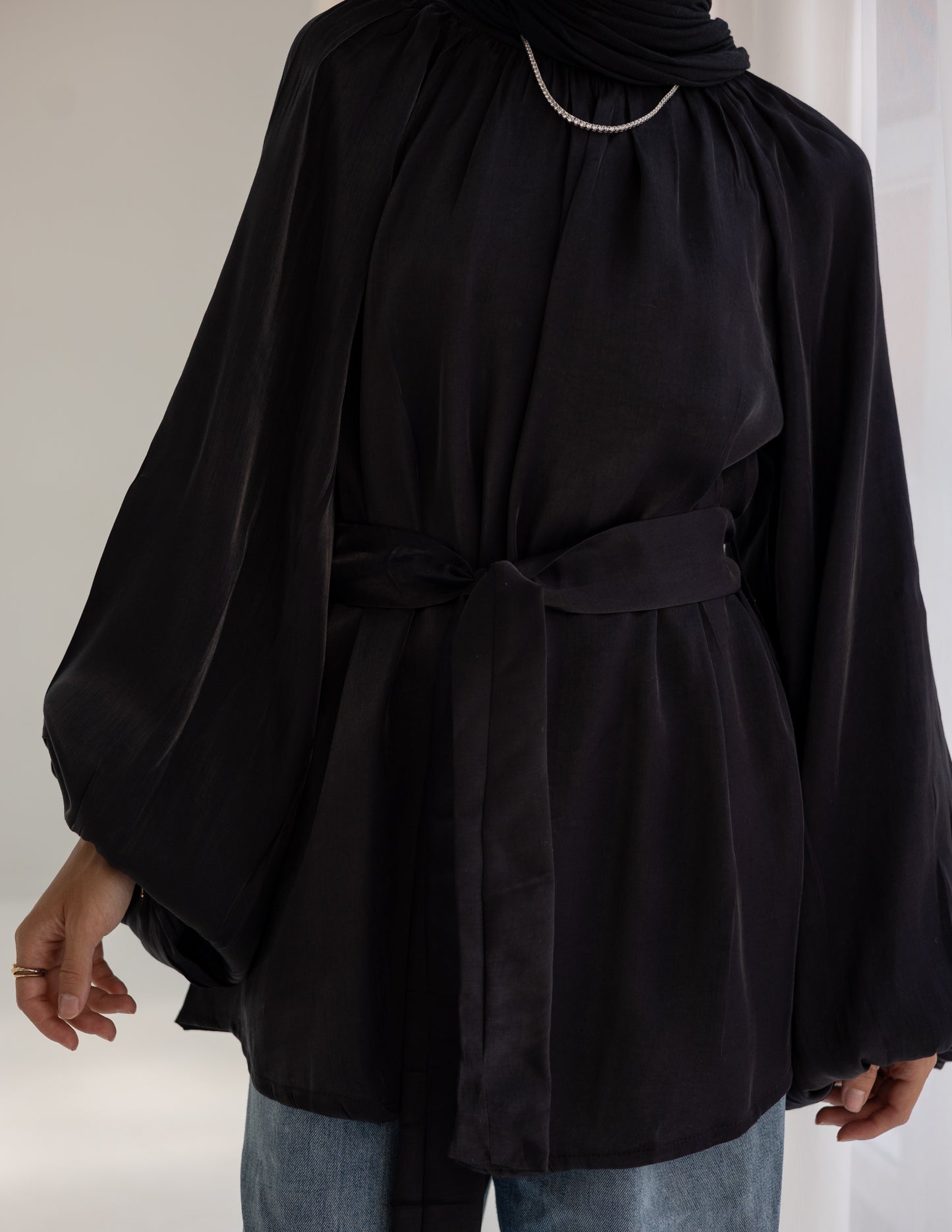 Black Modest Tunic Top with Belt and Wide Sleeves