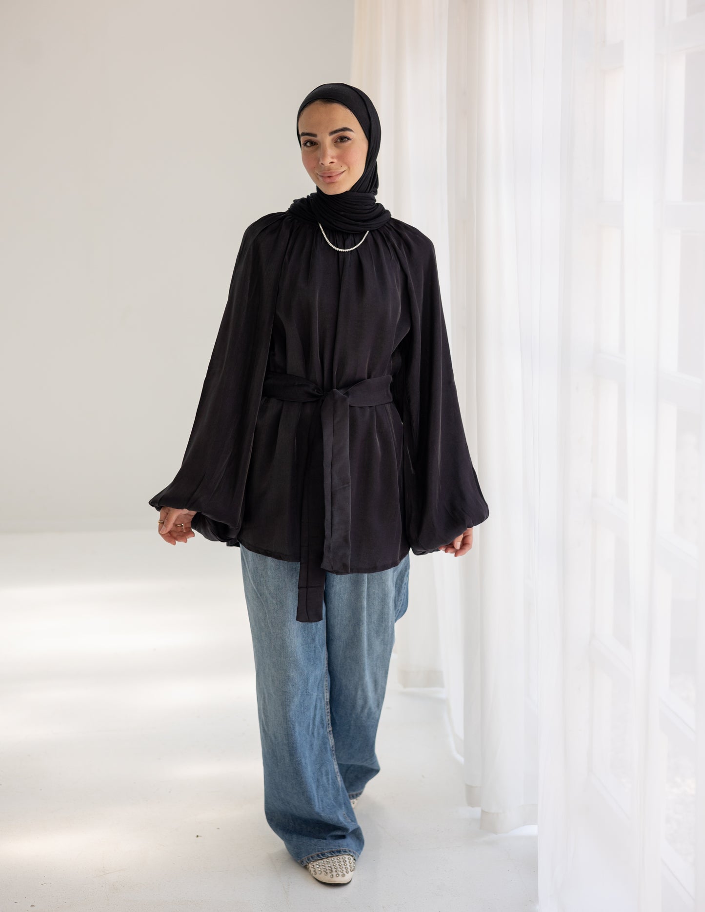 Black Modest Tunic Top with Belt and Wide Sleeves