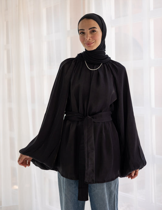 Black Modest Tunic Top with Belt and Wide Sleeves
