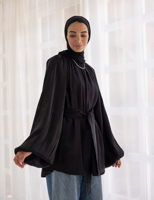 Black Modest Tunic Top with Belt and Wide Sleeves